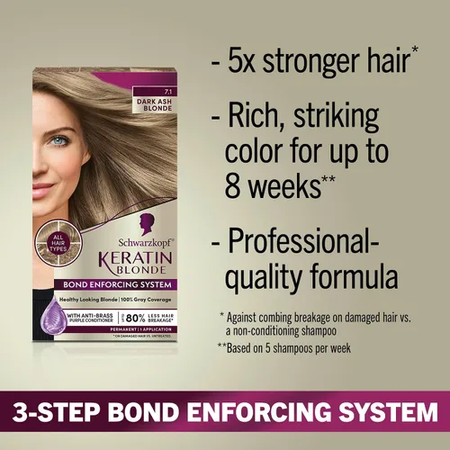 Vista 2 de Schwarzkopf Keratin - Tinte para el cabello rubio, 7.0 rubio ceniza oscuro, coloración permanente de calidad profesional, sistema de refuerzo