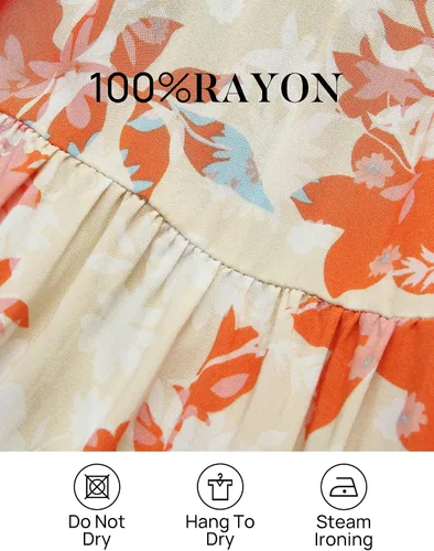 Vista 4 de ZESICA Vestido largo casual de verano para mujer, con estampado floral, manga corta con vuelo, cuello redondo, cintura alta fruncida