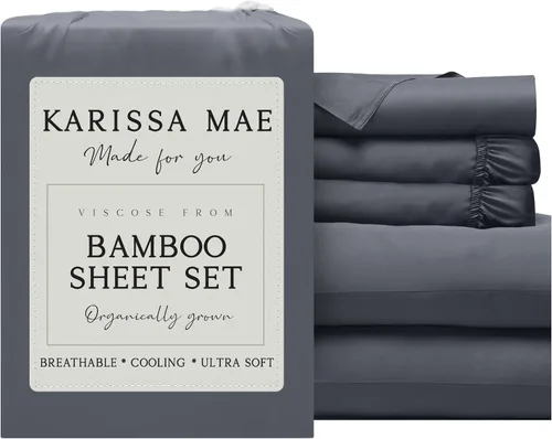 Vista 106 de KARISSA MAE Juego de sábanas de viscosa de bambú de lujo, 100% certificado FSC, refrescante, lujosamente suave, bolsillos profundos de 18 pulgadas