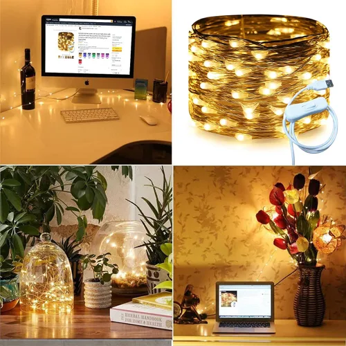 Vista 6 de RUICHEN Cable plateado de 33 pies con 100 luces LED USB con interruptor de encendido/apagado (blanco cálido)