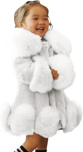 Vista 2 de Chaqueta para niñas pequeñas, otoño e invierno, con cuello de vellón, chaquetas sólidas de lana cálida (blanco, 2-3 años)