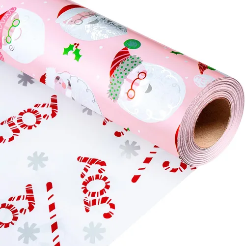 Vista 12 de Homeral Rollo de papel de regalo de Navidad, Papá Noel, muñeco de nieve y lazo y bastones de caramelo rosados, envoltura de regalo reversible
