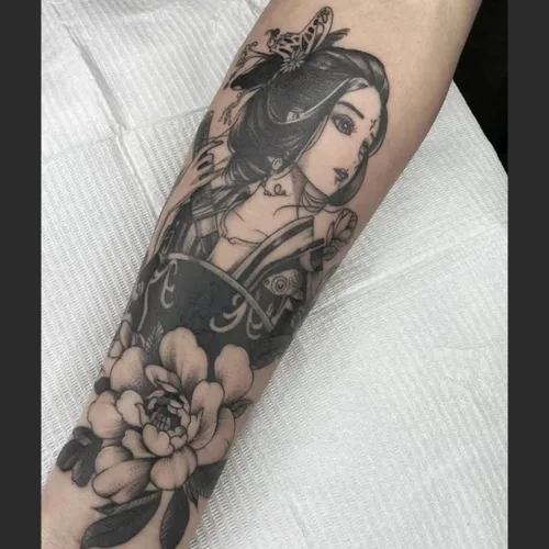 Vista 7 de 6 hojas de brazo falso impermeable cuerpo arte temporal tatuajes pegatinas negro japonés geisha samurai mujeres flor loto