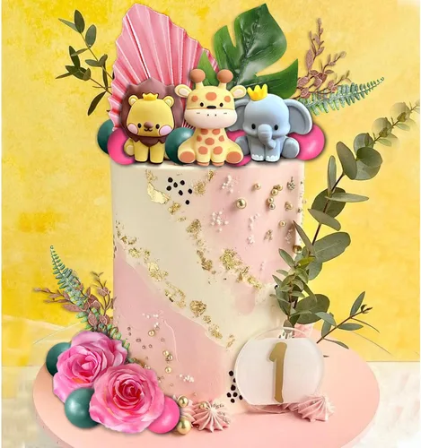 Vista 6 de 22 adornos de animales de selva de safari para tartas, bolas de flores, decoración de tartas con hojas de palmeras bohemias, juguetes de animales