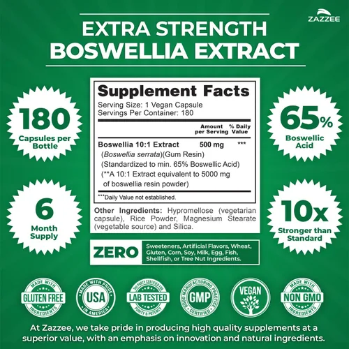 Vista 3 de Zazzee Extracto de Boswellia Serrata 10:1 extra fuerte, 5000 mg de fuerza, 65% ácido boswélico, 180 cápsulas veganas, suministro de 6 meses
