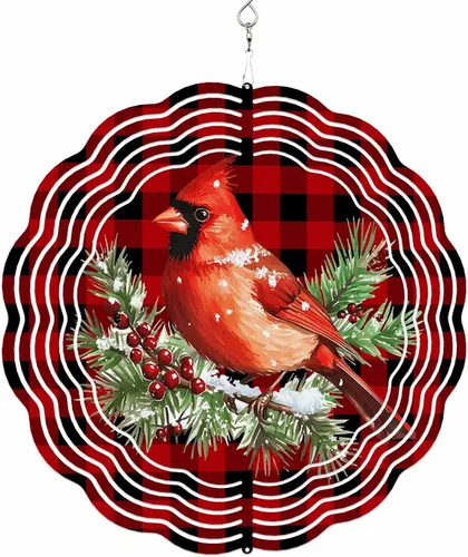 Vista 7 de Molinillos de viento para patio y jardín, cardenales rojos, pájaro, esculturas de viento de metal 3D y molinillos colgantes, color rojo y negro, a
