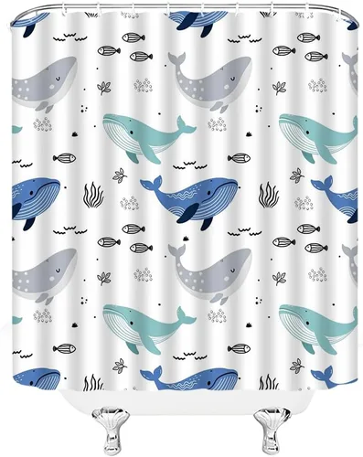 Vista 4 de Cortina de ducha de ballena de dibujos animados, lindo animal oceánico, azul y gris, diseño abstracto de peces náuticos, divertido para niños