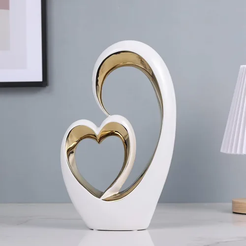 Vista 7 de Estatuas de corazón de cerámica de oro blanco, esculturas abstractas para el hogar, para dormitorio, boda, decoración de San Valentín y regalos