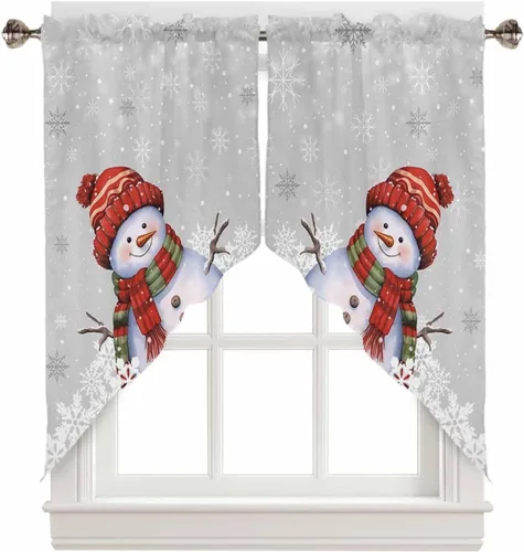 Vista 21 de BEMIGO Cortinas de cocina de Navidad, lindas cortinas de granja con muñeco de nieve azul, cenefa con bolsillo para barra de copos de nieve