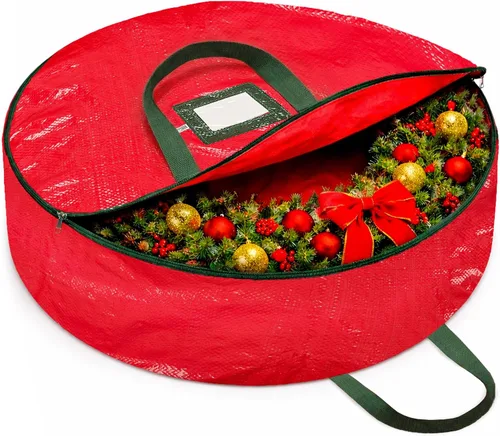Vista 8 de ZOBER - Contenedor de almacenamiento para coronas de Navidad de 30 pulgadas - Bolsa para coronas de Navidad con doble cierre y asas duraderas - Verde