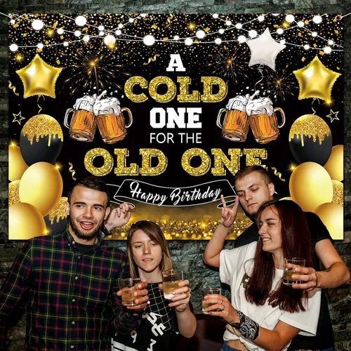 Vista 6 de Decoraciones de fiesta de cerveza, telón de fondo de feliz cumpleaños negro y dorado para hombres, un frío para el anciano, pancarta de fondo