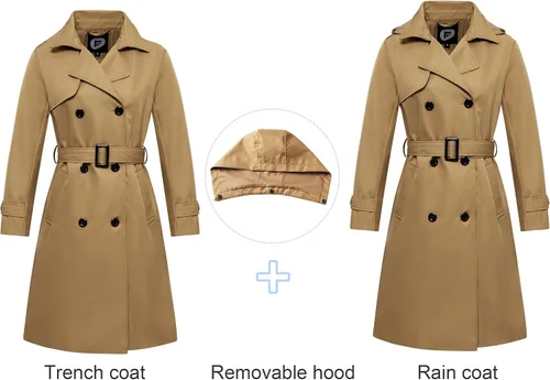 Vista 3 de FARVALUE Gabardina impermeable para mujer, larga, doble botonadura, rompevientos, clásica, con cinturón, solapa con capucha extraíble