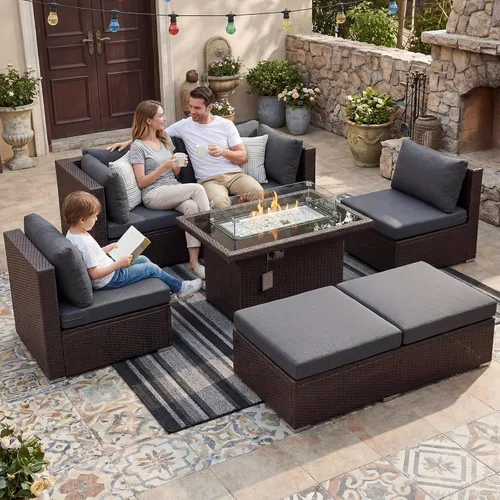 Vista 82 de NICESOUL Juego de muebles de patio de ratán extra grande con mesa para fogata de gas y propano, 29.3 pulgadas, respaldo alto, cómodos conversaciones