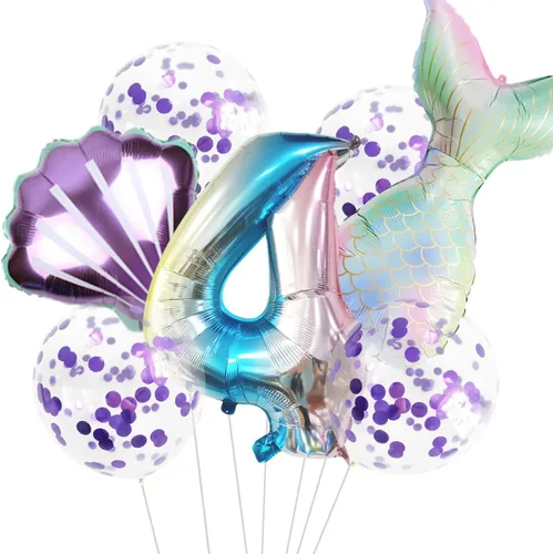 Vista 16 de 7 globos de sirena con números para fiesta de cumpleaños de 1, 2, 3, suministros de decoración de cola de sirena para niñas (número 0)