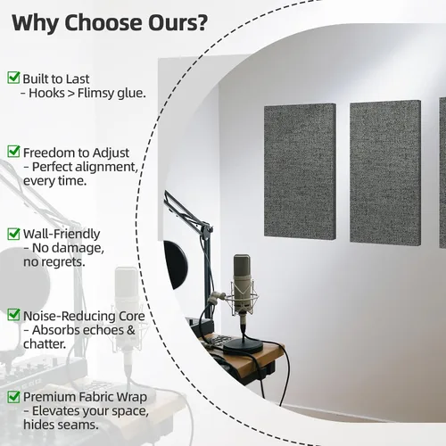 Vista 4 de Art3dwallpanels 4 PCS Paneles Acústicos, 24''x12'' Paneles de Pared de Tela Insonorizados, Paneles de Absorción de Sonido de Montaje Fácil con Gris