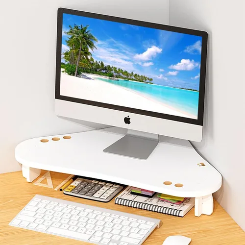 Vista 2 de Triángulo de madera para monitor elevador – almacenamiento de escritorio multiusos blanco para computadora, laptop, impresora