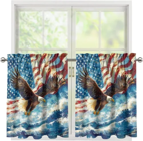 Vista 7 de God Bssing You Tier Curtains for July 4Th 2026 27.5x24 2 Panels Light Filtering Half Window Rod Pocket for Kitchen/Bathroom