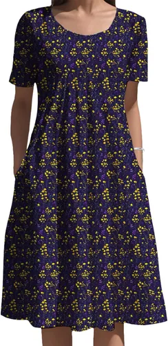 Vista 18 de Vestidos bohemios para mujer, estampado floral, manga corta, cuello redondo, talla grande, vestido de vacaciones con bolsillos para verano 2025