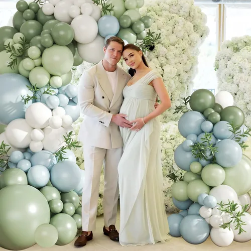 Vista 6 de Kit de arco de globos verde salvia azul pastel, 124 piezas de globos macarón amarillo blanco verde para decoraciones de cumpleaños de ganso, género