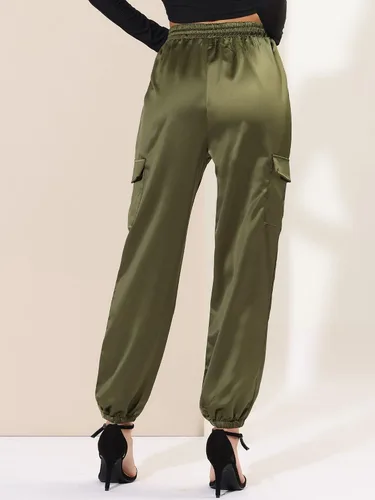 Vista 5 de Allegra K Pantalones deportivos de satén de otoño para mujer, con cordón elástico, cintura alta, satén sedoso y brillante