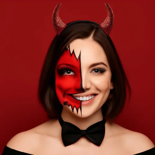 Vista 6 de Kit de maquillaje de Halloween de pintura facial roja, diadema de cuernos de diablo para mujer, pintura de cuerpo rojo a base de agua de 1.01 onzas