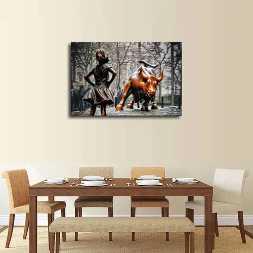 Vista 3 de Póster de estatuas de toros de Fearless Girl and Wall Street con impresión en lienzo, arte de pared, regalo de vacaciones, baño, sala de estar