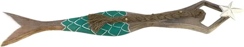 Vista 3 de OMA Escultura de sirena de madera para decoración de pared, playa náutica costera, sirena, estrella, estatua colgante, decoración del hogar, grande