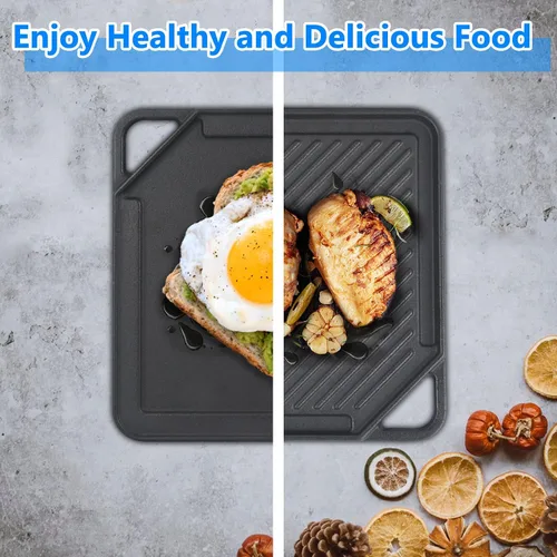 Vista 3 de GasSaf Plancha reversible de hierro fundido, sartén de doble cara perfecta para estufas y parrillas de gas, 10 x 10 pulgadas