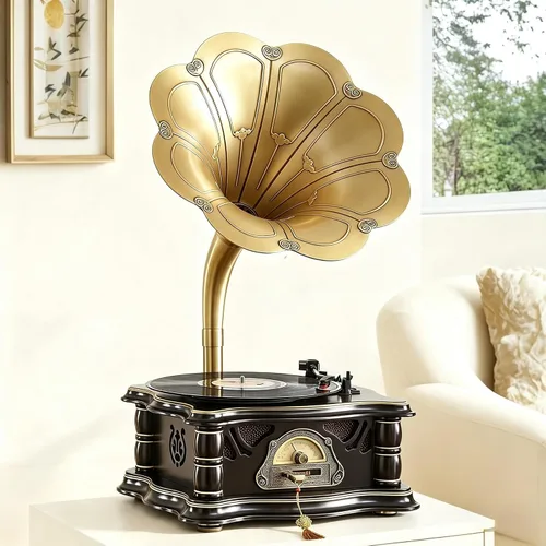 Vista 10 de Tocadiscos vintage de madera para gramófono, tocadiscos de fonógrafo retro, tocadiscos de 3 velocidades para discos de vinilo con reproducción