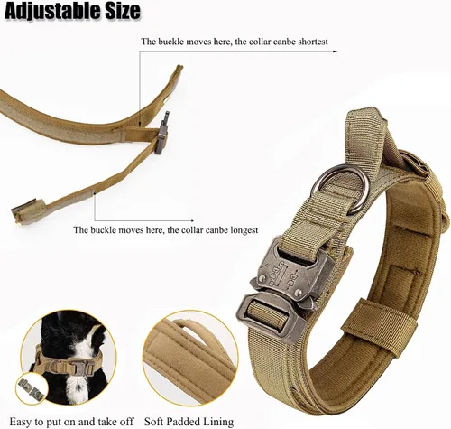 Vista 6 de Collar táctico para perro, collar ajustable de nailon para entrenamiento militar con mango de control y hebilla metálica de liberación rápida pesada