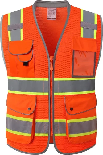 Vista 45 de JKSafety Chaleco de seguridad frontal con cremallera de alta visibilidad Clase 2 de 9 bolsillos con tiras reflectantes, cumple con las normas