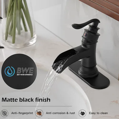 Vista 5 de BWE grifo de baño negro cascada sola manija solo agujero grifo de lavabo con línea de suministro paquete de drenaje desplegable con desbordamiento