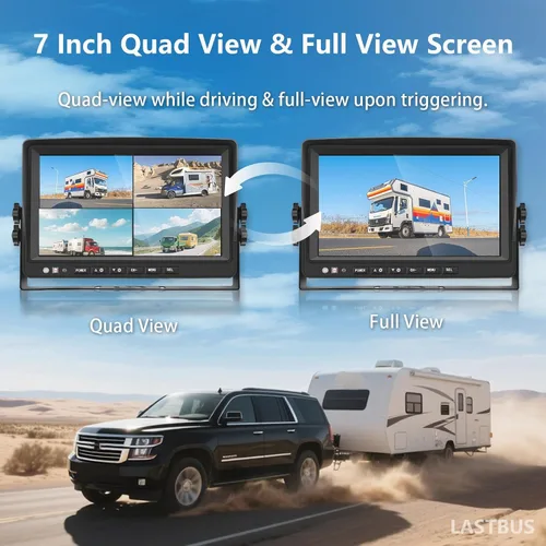 Vista 4 de Sistema de cámara RV de 7 pulgadas para caravana, semirremolque, cámper, 4 pantallas divididas, monitor de grabación HD DVR + cámara de visión