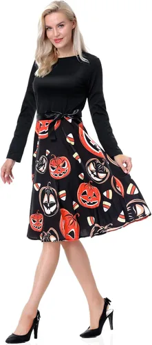 Vista 2 de Vestidos de Halloween para mujer de manga larga vestido de cóctel swing esqueleto calabaza impreso fiesta de disfraces disfraz para fiesta