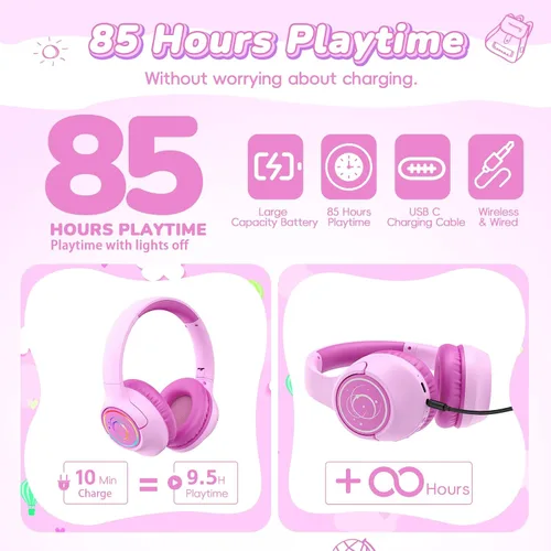 Vista 2 de Auriculares Bluetooth para niños, tiempo de reproducción de 85 horas para rosado fucsia