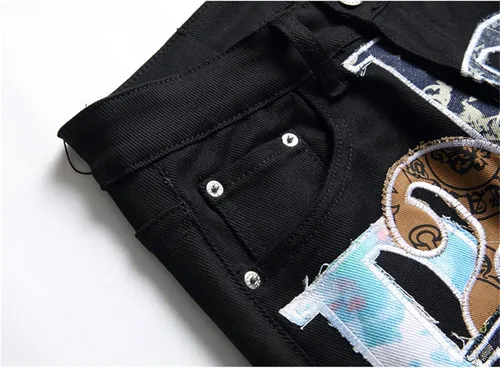 Vista 5 de Jeans de mezclilla de retazos para hombre ropa de calle moderna parches de letras pantalones rectos ajustados de cintura media pantalones negros