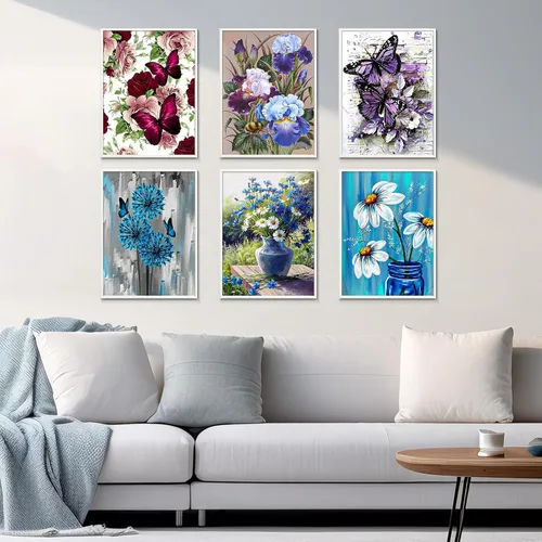Vista 2 de Binyuellr Paquete de 6 kits de pintura de diamantes 5D para adultos, patrones de mariposas y flores, kits de arte de diamantes para pintura de gemas