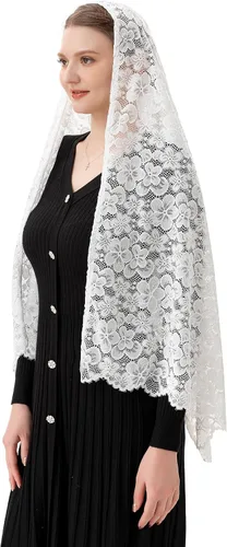Vista 5 de PAMOR Bufanda rectangular de velo de capilla para mujer, velos de iglesia católica, mantilla, chal para cubrir la cabeza