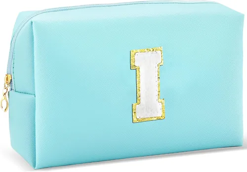 Vista 9 de URSKYTOUS Regalos para niñas, bolsa de maquillaje con inicial, bolsa de cosméticos personalizada con cremallera, bonita bolsa de aseo de viaje, Azul