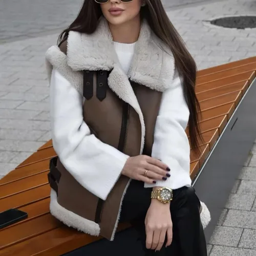 Vista 3 de APAFES Chaleco de gamuza de piel de invierno para mujer, cuello alto, sin mangas, forro polar