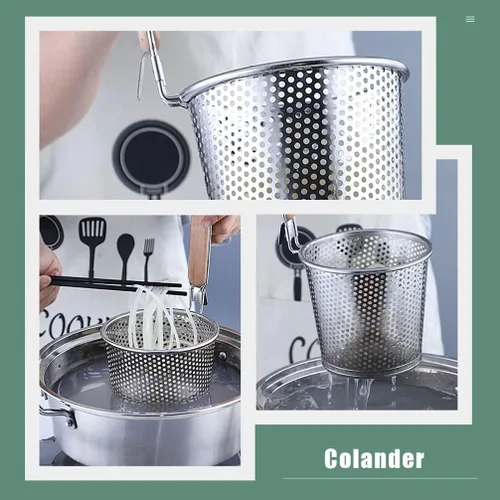 Vista 7 de XENITE Cesta de pasta para hervir pasta, colador de araña, de malla con mango de madera, cuchara ranurada, colador de olla caliente, cucharón
