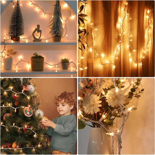 Vista 5 de Meteds Luces de Navidad, 50 unidades, luces pequeñas, transparentes, cable blanco, certificado UL, conectables, color blanco cálido, tira de luces