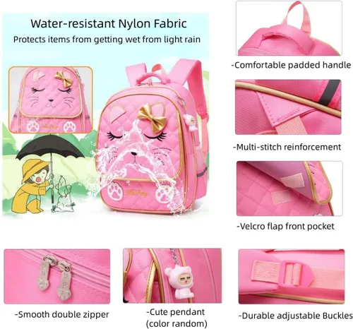 Vista 5 de Mochila con ruedas para niñas, mochila escolar, con estampado de cara de gato, equipaje de mano con ruedas, 2 ruedas rosa, L, Estilo A -2 Ruedas