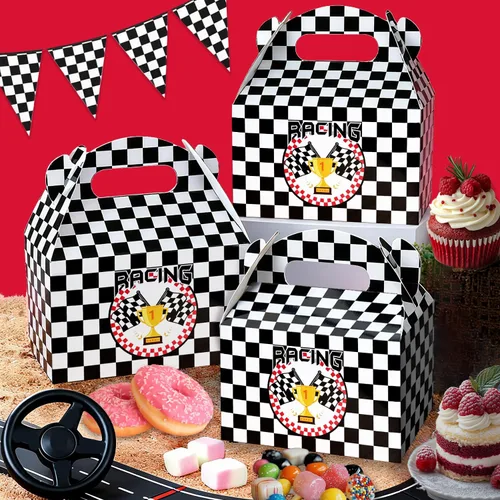 Vista 2 de 24 cajas de regalo de fiesta de coches de carreras, suministros de fiesta de cumpleaños, cajas de regalo de bandera a cuadros en blanco y negro
