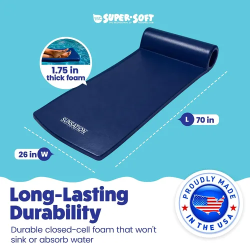 Vista 3 de TRC Recreation Sunsation 1.75" Thick Foam Pool Float Lounger w/ Headrest for Lounging & Sunbathing in Swimming Pools, Beaches & Lakes, 70" x 26