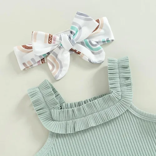 Vista 2 de Engofs Ropa de verano para bebé recién nacido, sin mangas, traje corto, diadema, 3 piezas