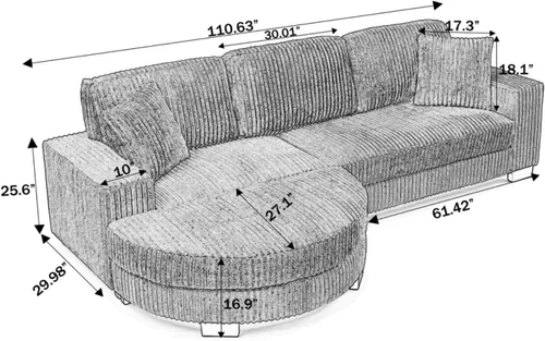 Vista 2 de Sofá cama modular en forma de L con almohadas, sofá modular convertible de pana con reposapiés curvado móvil, color negro