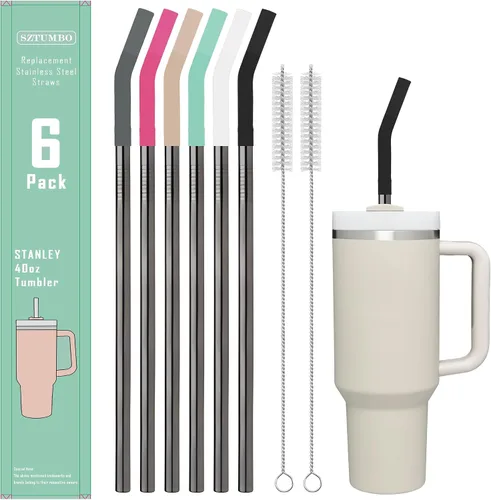 Vista 7 de 6 popotes rectos reutilizables de acero inoxidable de 12 pulgadas, con 6 puntas flexibles de silicona y 2 cepillos de limpieza, para vaso Stanley 3