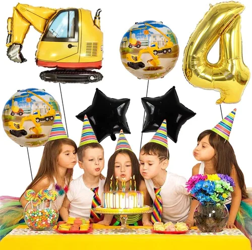 Vista 4 de Globos de construcción para fiesta de 4º cumpleaños, globos de construcción para decoración de 4º cumpleaños, globo de aluminio de excavadora Oro 4