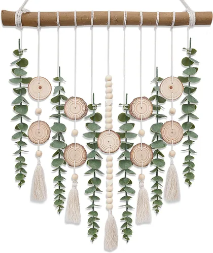Vista 8 de Decoración de pared de eucalipto artificial con bola de mimbre, decoración bohemia natural para el hogar, guirnalda de cuentas de madera colgante